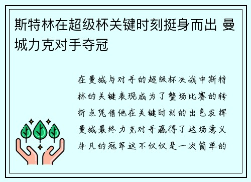 斯特林在超级杯关键时刻挺身而出 曼城力克对手夺冠